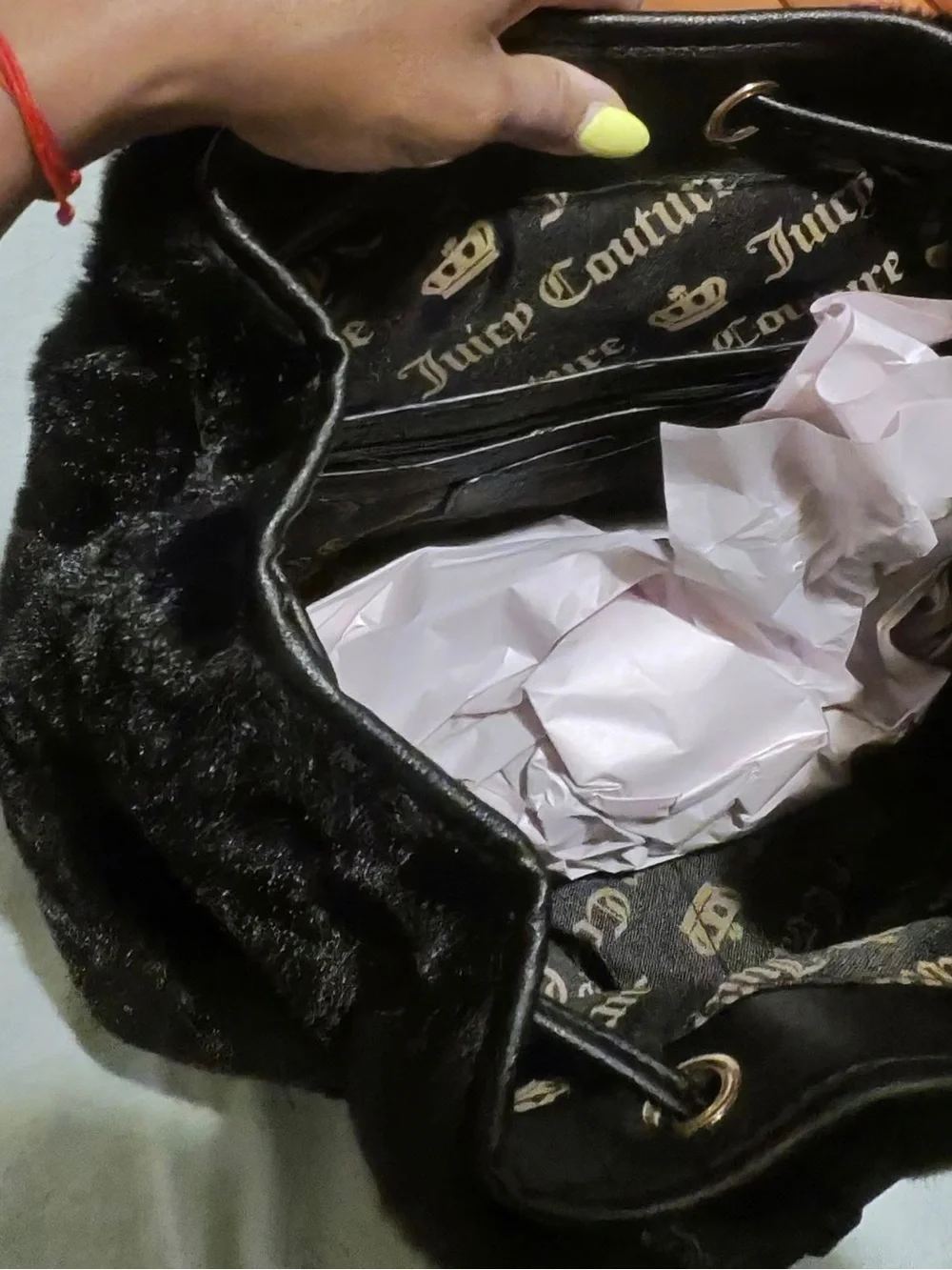 Juicy Couture Dreamy Divas black faux fur backpack with drawstring closure